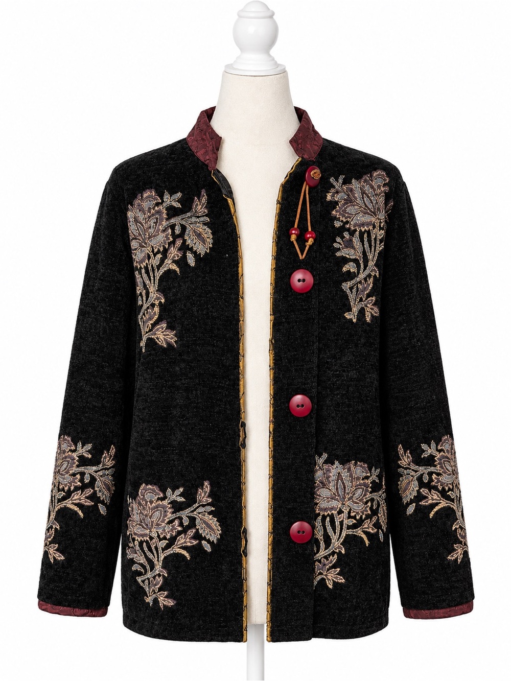 Flashback Women’s L Black Floral Embroidered Chenille Jacket Y2K Boho Artsy